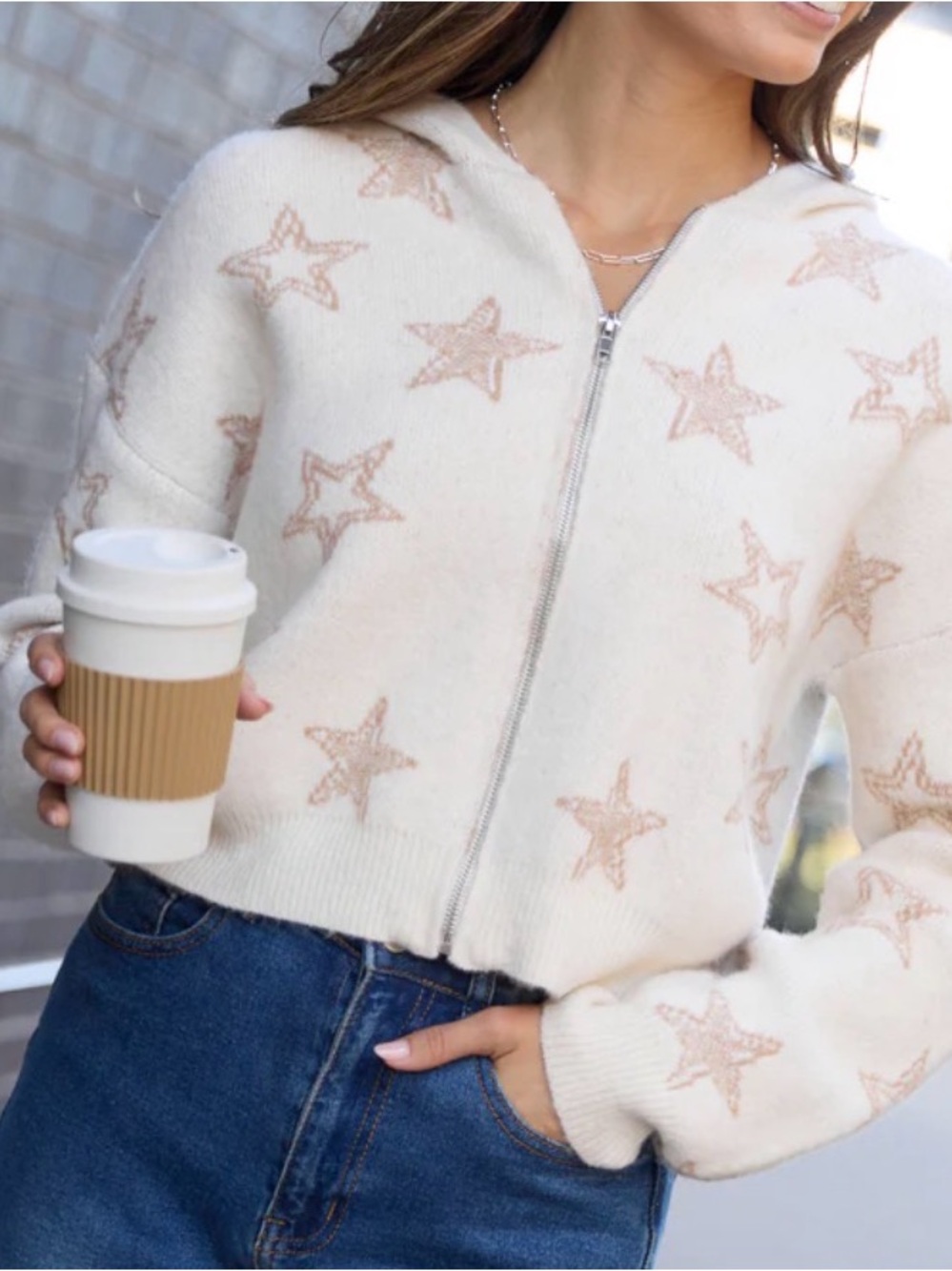 Pink Lily Cream Star-Pattern Zip Hoodie Sweater, L